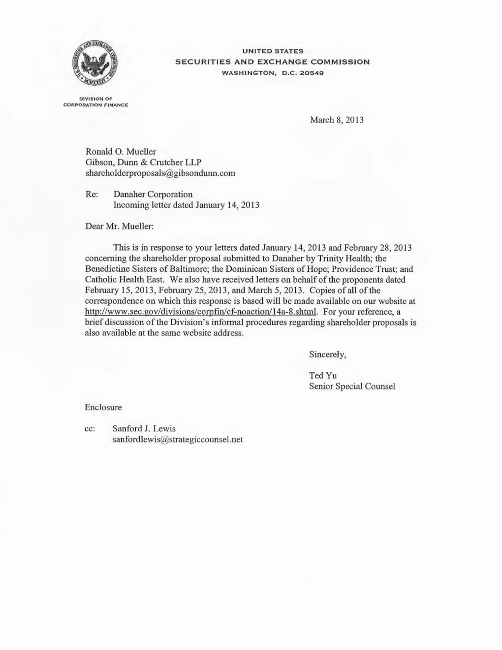 Danaher Corporation Incoming Letter Dated January 14, 2013