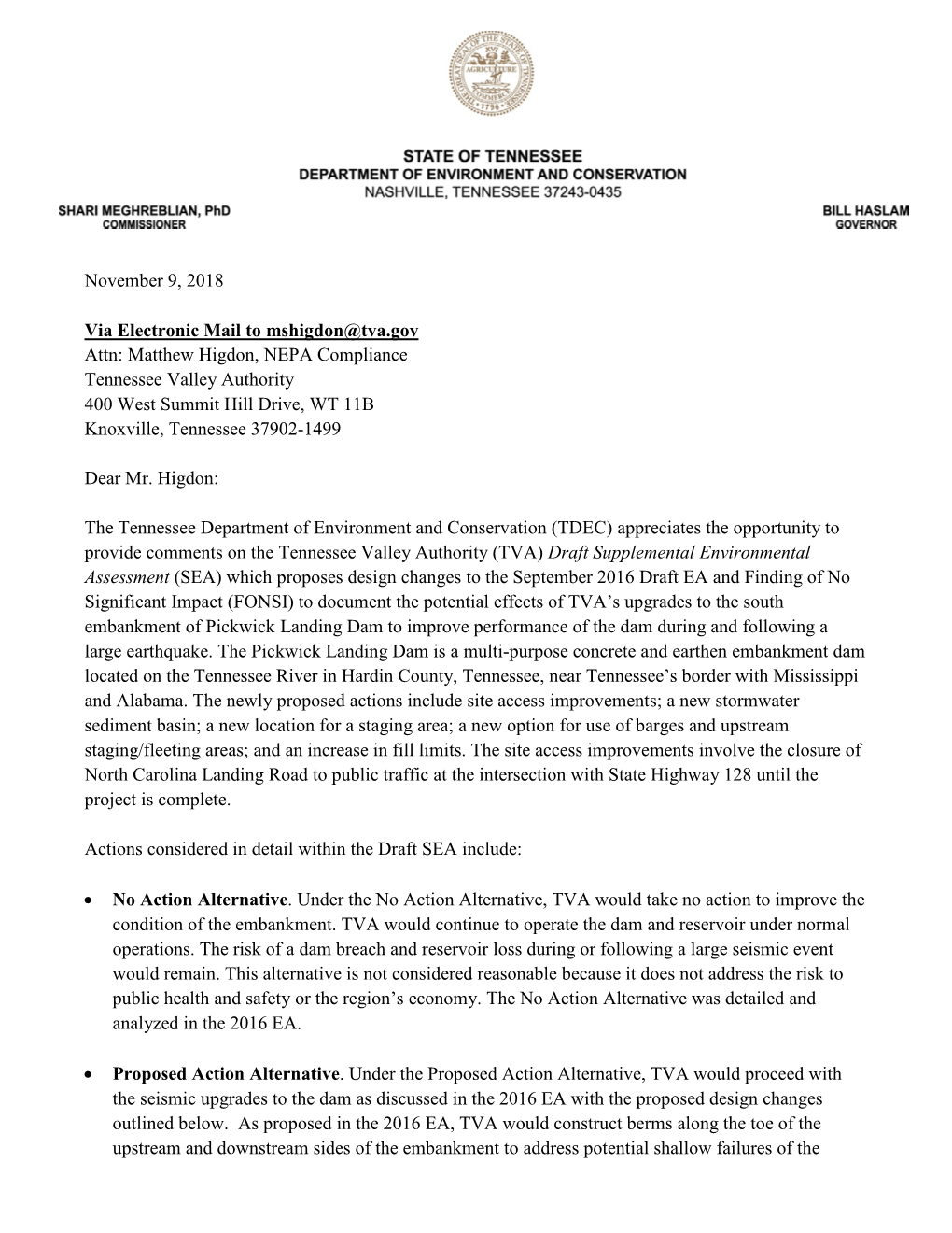 TDEC Comments on Pickwick Landing Dam South