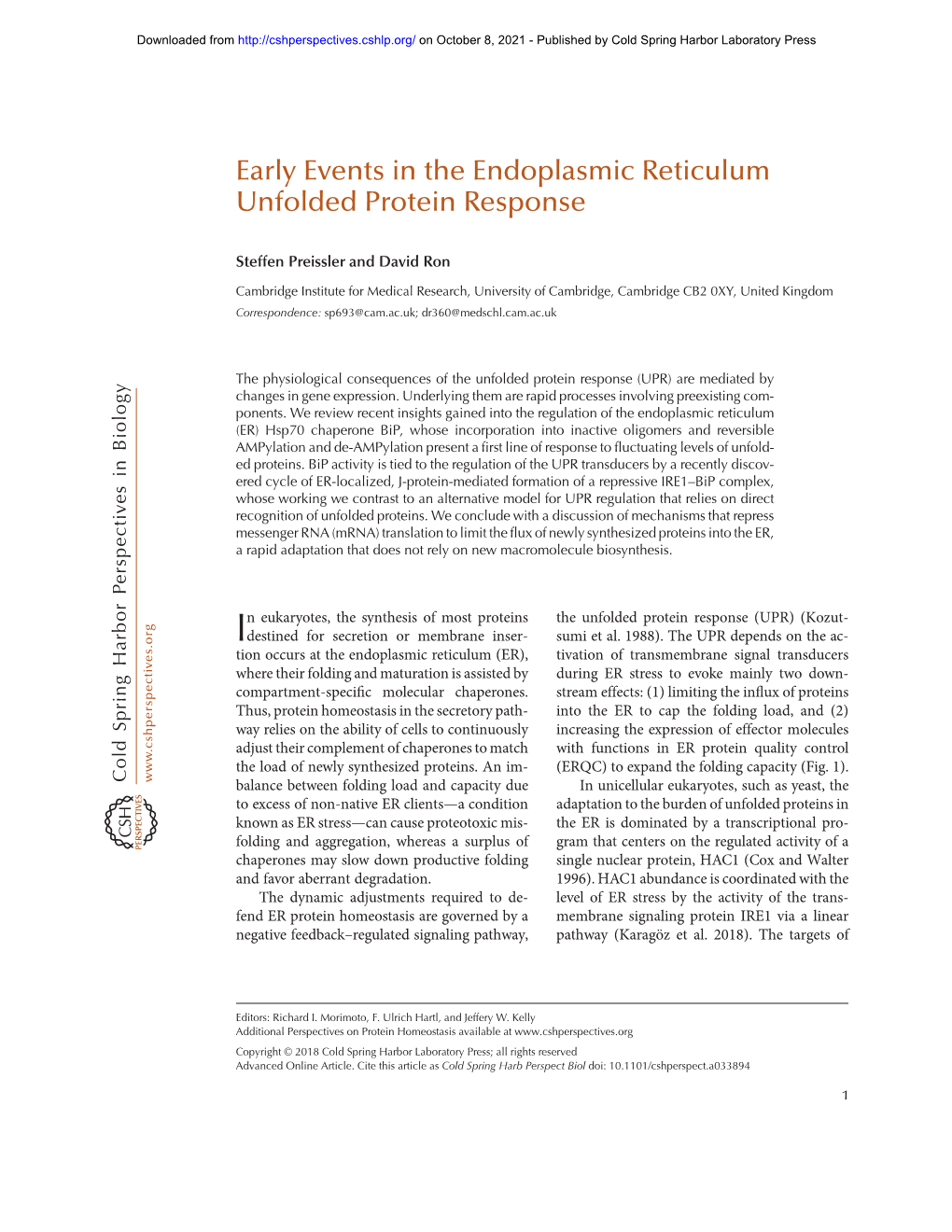 Early Events in the Endoplasmic Reticulum Unfolded Protein Response
