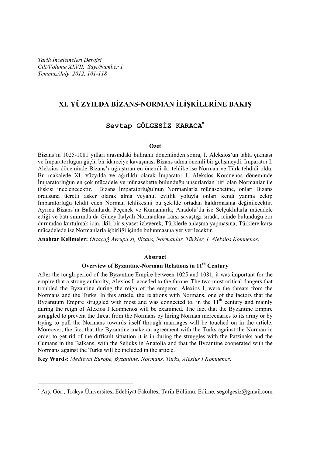 XI. YÜZYILDA BİZANS-NORMAN İLİŞKİLERİNE BAKIŞ Sevtap