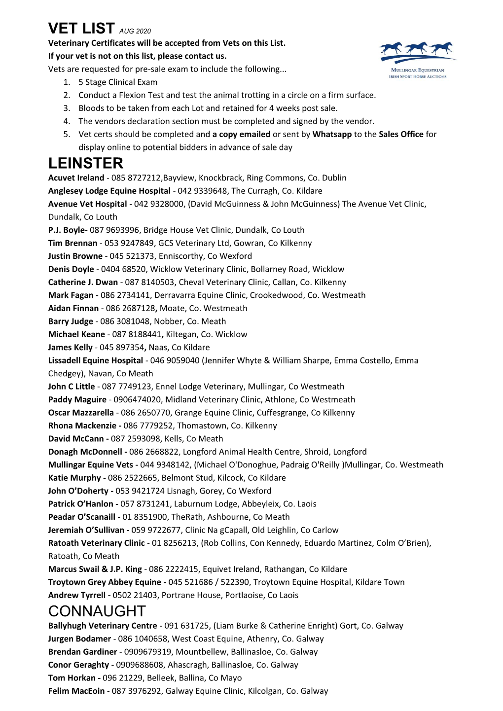 Vet List Aug 2020 Leinster Connaught