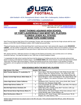 NEWS RELEASE 9/16/16 Contact: Steve Alic, USA Football, Salic@Usafootball.Com Twitter.Com/Usafootball Jake Gellerman, NFL, Jacob.Gellerman@Nfl.Com