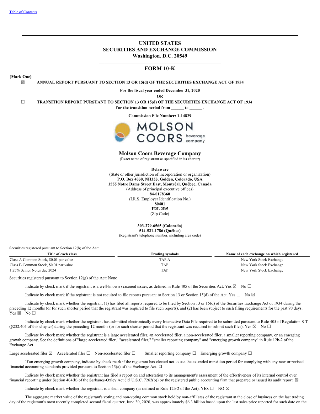 FORM 10-K Molson Coors Beverage Company