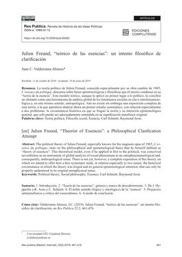 Julien Freund, “Teórico De Las Esencias”: Un Intento Filosófico De Clarificación