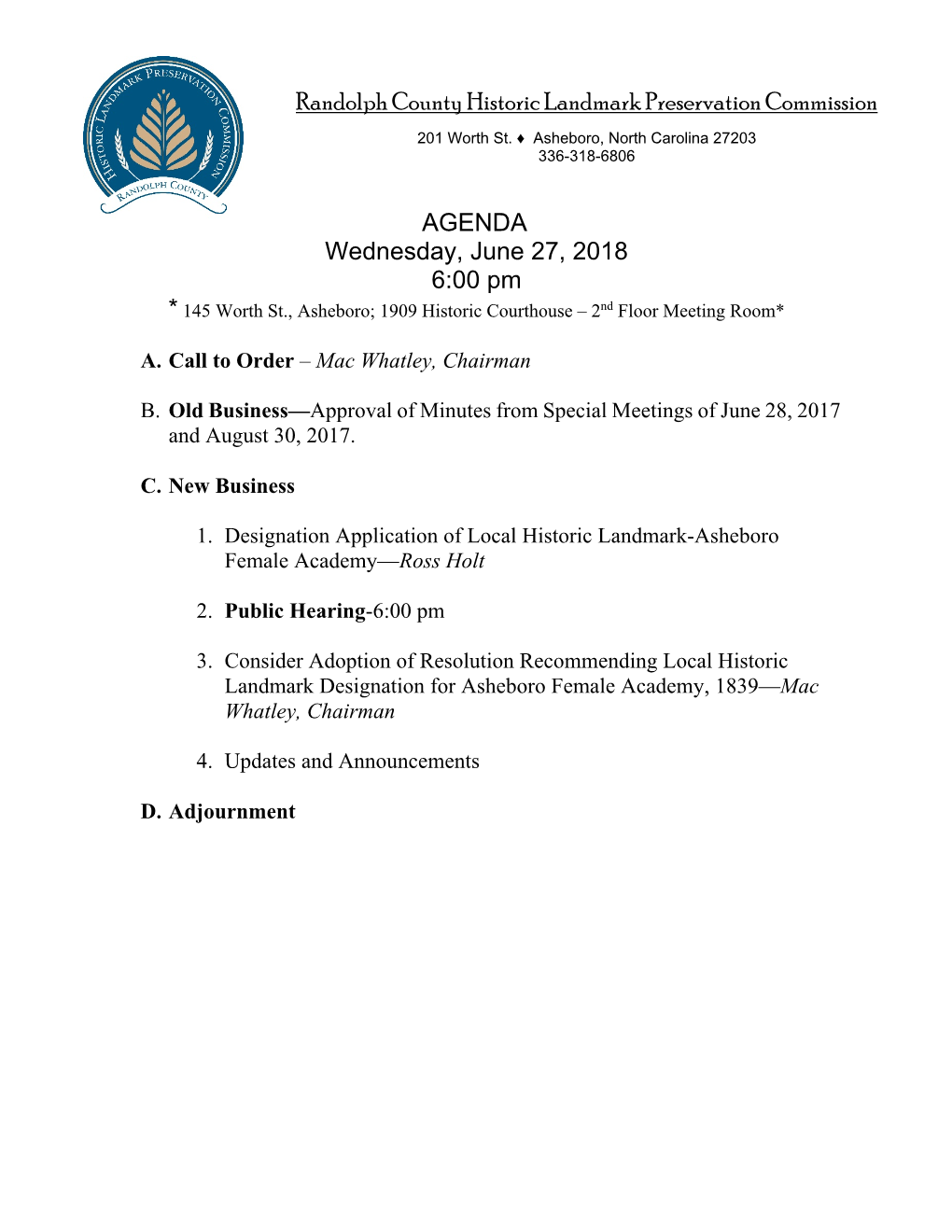 Randolph County Historic Landmark Preservation Commission AGENDA