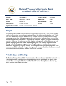National Transportation Safety Board Aviation Incident Final Report