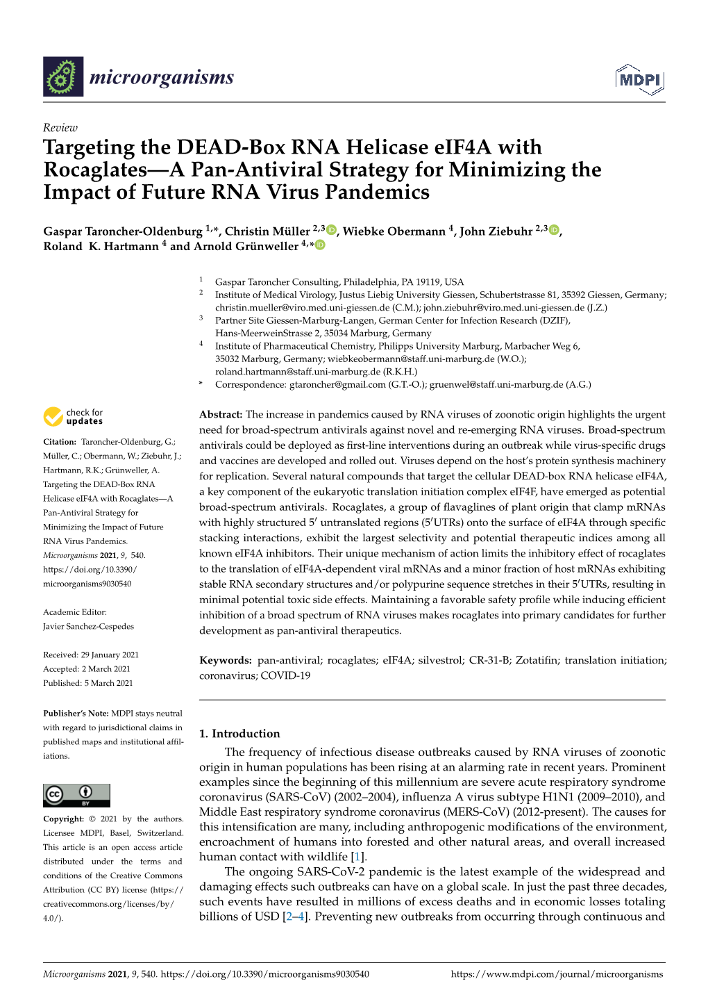 Targeting the DEAD-Box RNA Helicase Eif4a with Rocaglates—A Pan-Antiviral Strategy for Minimizing the Impact of Future RNA Virus Pandemics