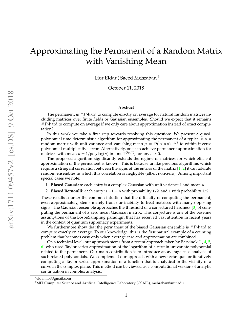 Approximating the Permanent of a Random Matrix with Vanishing Mean