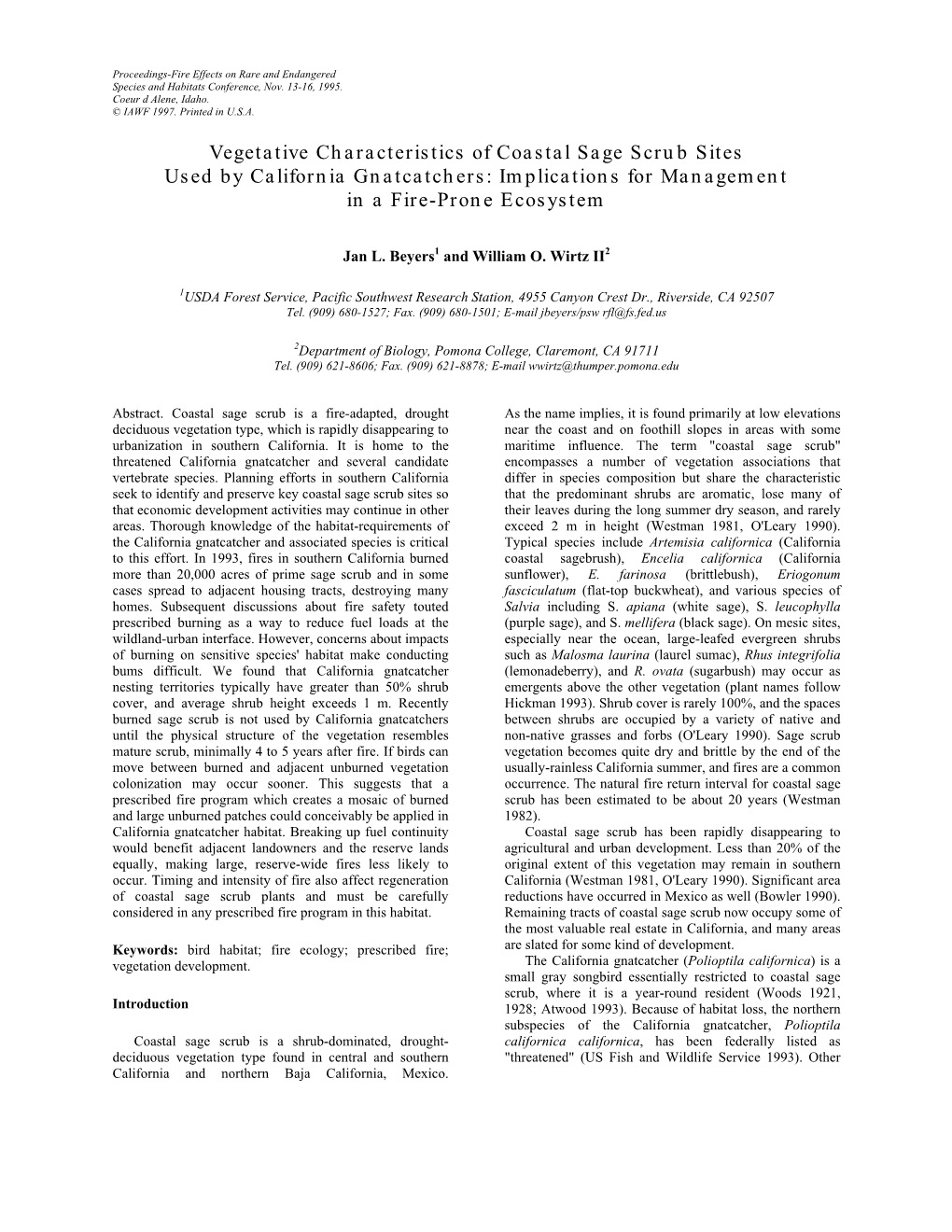 Vegetative Characteristics of Coastal Sage Scrub Sites Used by California Gnatcatchers: Implications for Management in a Fire-Prone Ecosystem