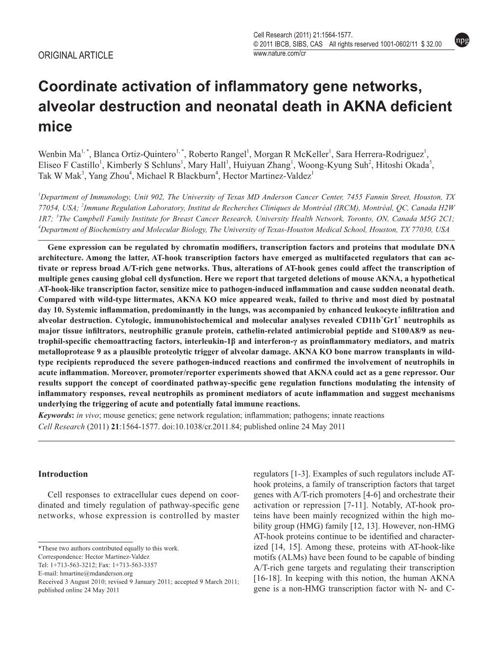 Coordinate Activation of Inflammatory Gene Networks, Alveolar Destruction and Neonatal Death in AKNA Deficient Mice