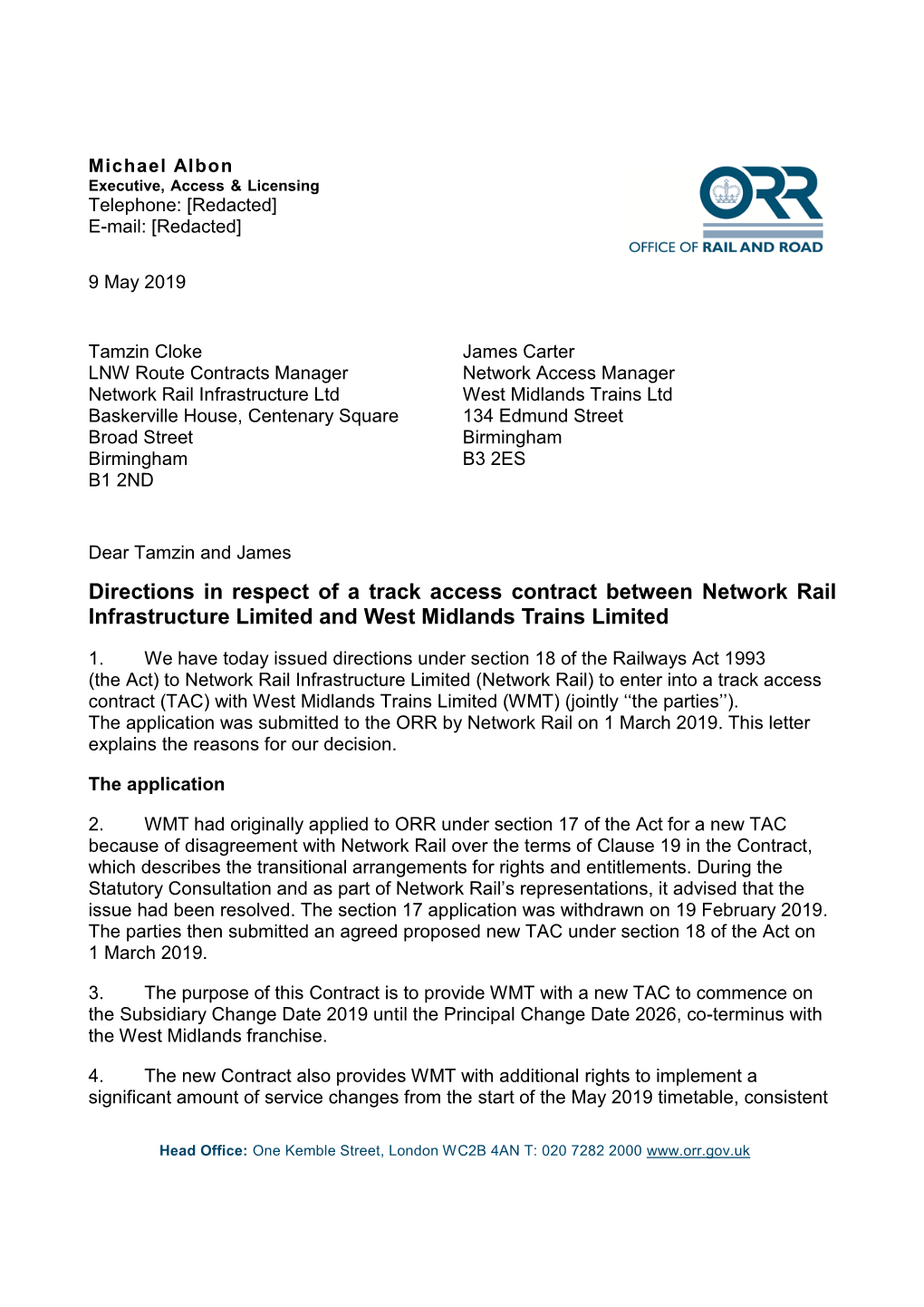 West Midlands Trains Limited New Track Access Contract Decision Letter