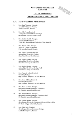 University of Karachi Karachi List of Principals Government/Private
