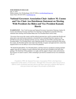 National Governors Association Chair Andrew M. Cuomo and Vice Chair Asa Hutchinson Statement on Meeting with President Joe Biden and Vice President Kamala Harris