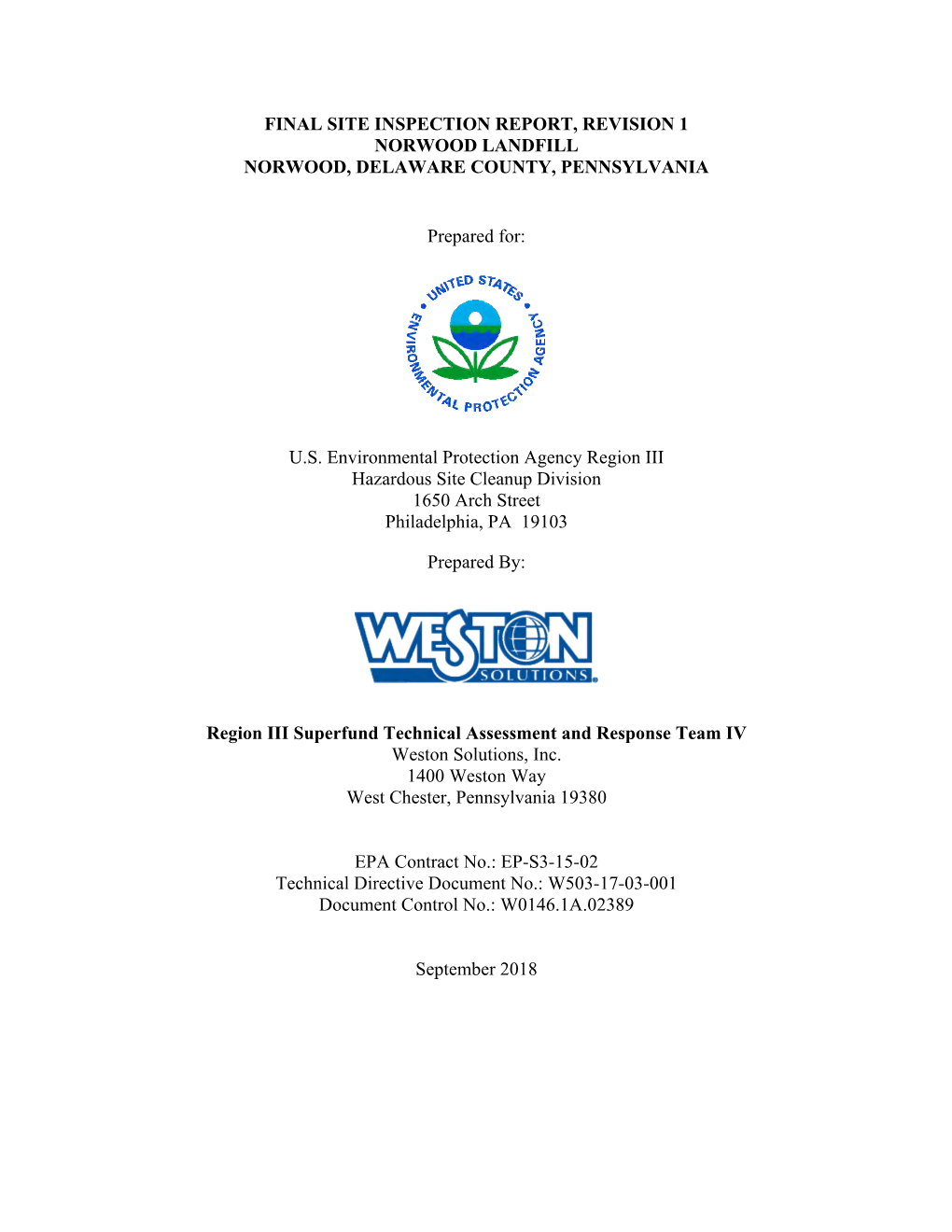 Final Site Inspection Report, Revision 1 Norwood Landfill Norwood, Delaware County, Pennsylvania