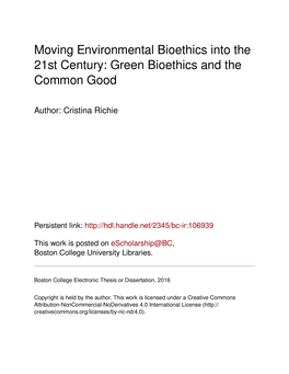 Moving Environmental Bioethics Into the 21St Century: Green Bioethics and the Common Good