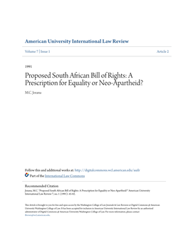 Proposed South African Bill of Rights: a Prescription for Equality Or Neo-Apartheid? M.C