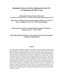 Ideological Factors in Party Alignments on the EU: a Comparison of Three Cases