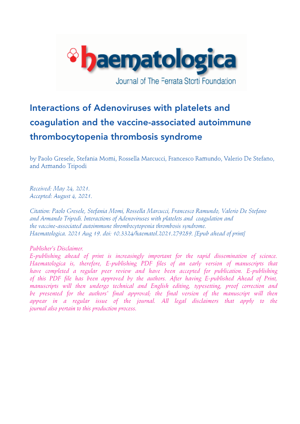 Interactions of Adenoviruses with Platelets and Coagulation and The