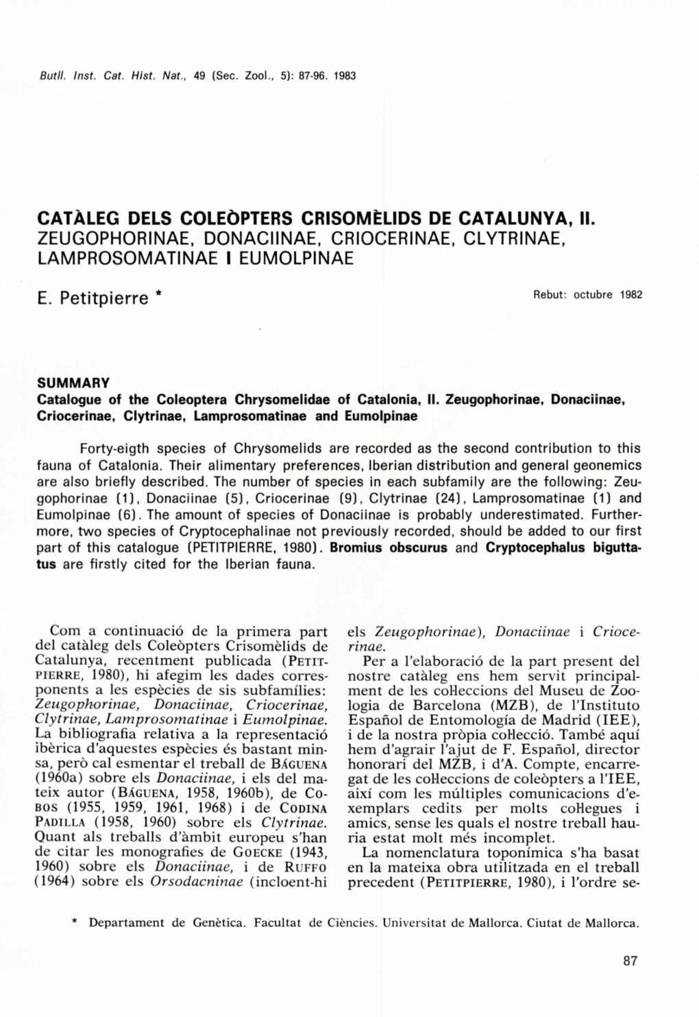 Catàleg Dels Coleòpters Crisomèlids De Catalunya, II. "Zeugophorinae