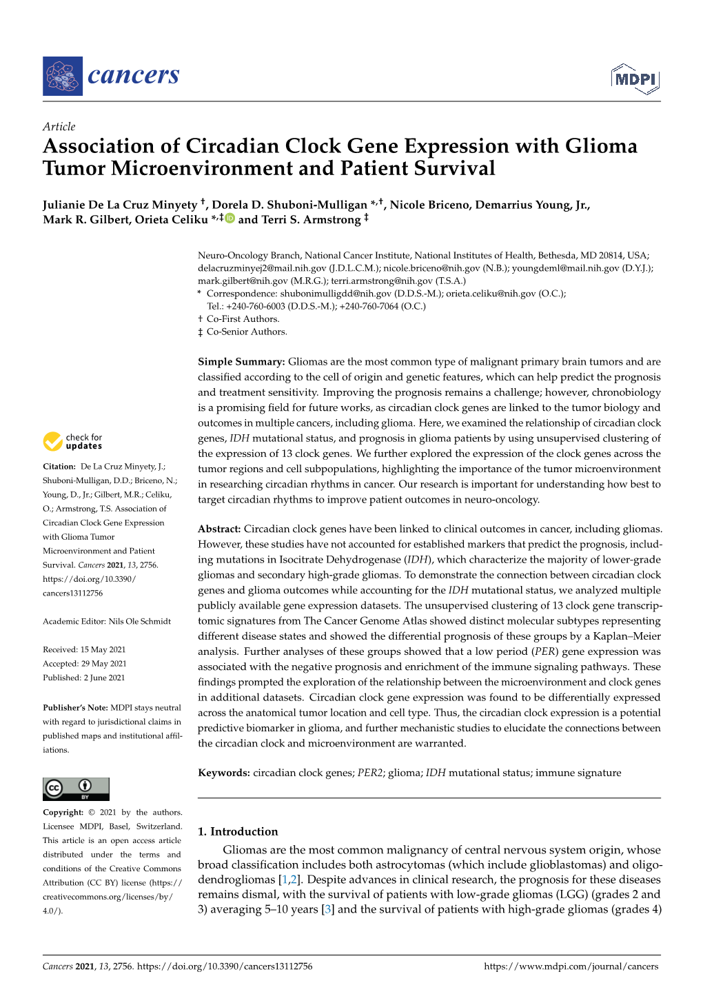 Association of Circadian Clock Gene Expression with Glioma Tumor Microenvironment and Patient Survival