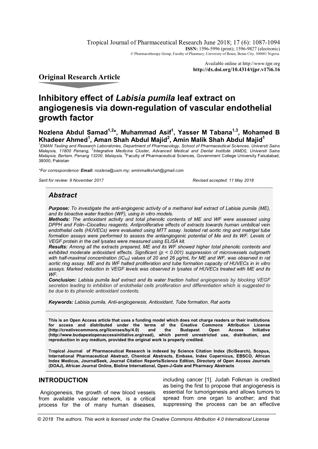 Inhibitory Effect of Labisia Pumila Leaf Extract on Angiogenesis Via Down-Regulation of Vascular Endothelial Growth Factor