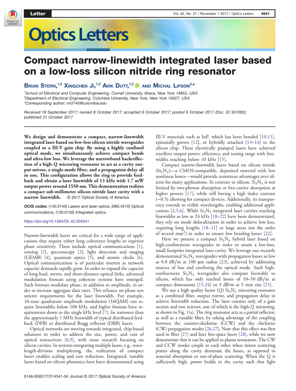 Compact Narrow-Linewidth Integrated Laser Based on a Low-Loss Silicon Nitride Ring Resonator