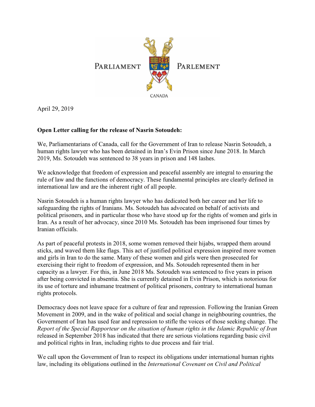 Parliamentary Caucus Open Letter