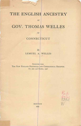 The English Ancestry Gov. Thomas Welles