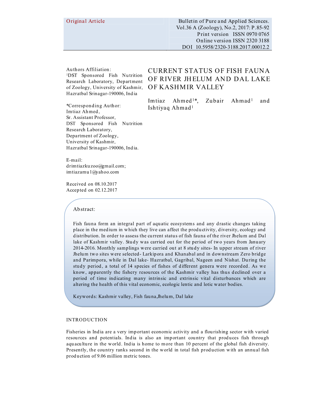 Current Status of Fish Fauna of River Jhelum and Dal Lake of Kashmir Valley