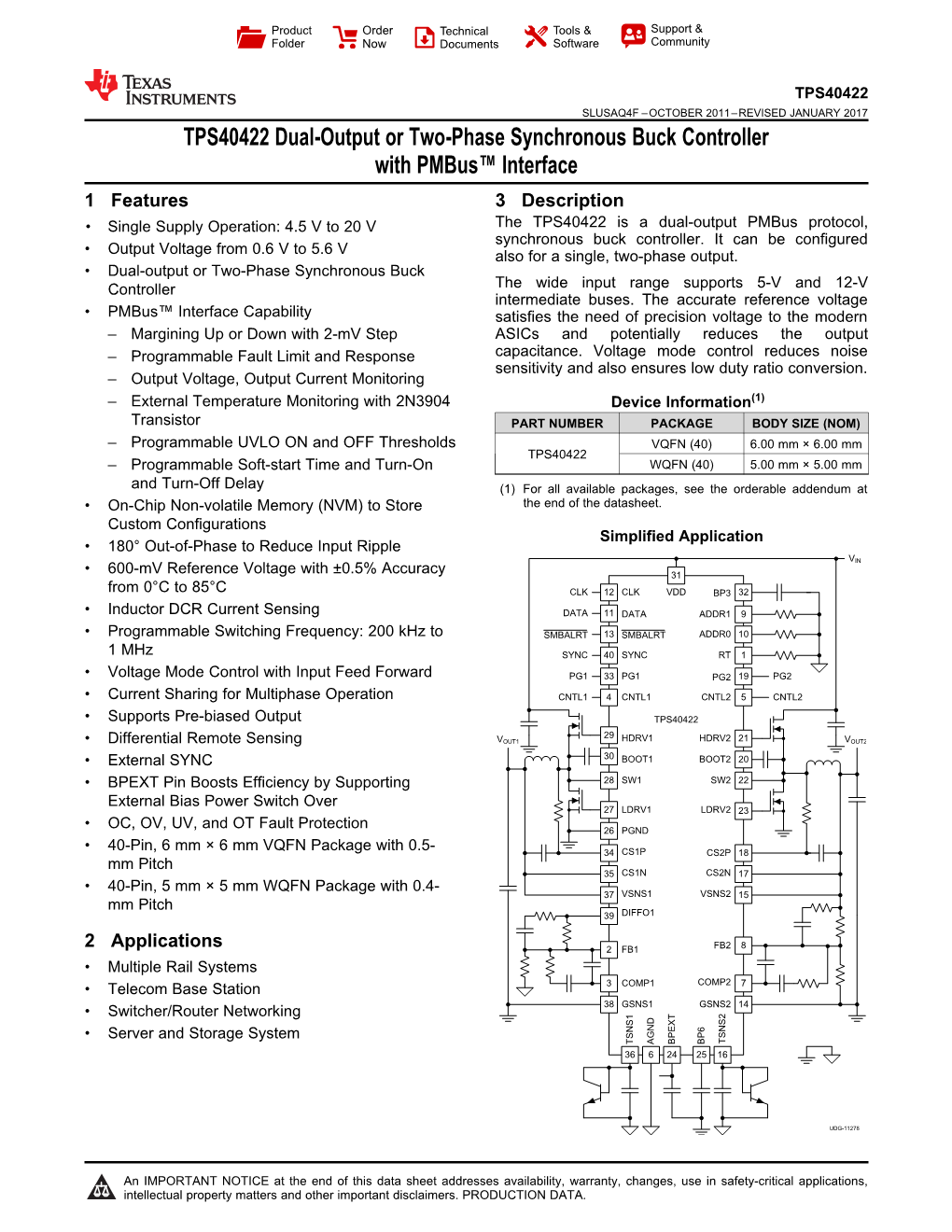 TPS40422 Dual-Output Or Two-Phase Synchronous