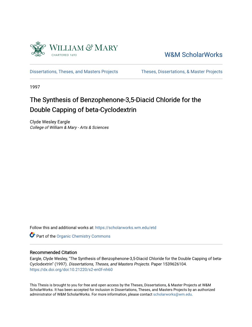 The Synthesis of Benzophenone-3,5-Diacid Chloride for the Double Capping of Beta-Cyclodextrin