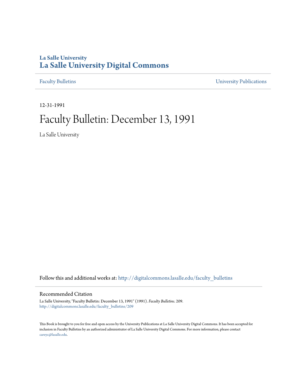 Faculty Bulletin: December 13, 1991 La Salle University