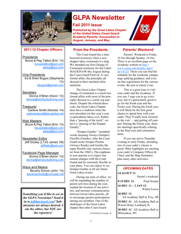 GLPA Newsletter Fall 2011 Issue Published by the Great Lakes Chapter of the United States Coast Guard Academy Parents’ Association in August, January, and May