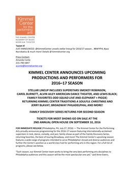 Kimmel Center Announces Upcoming Productions and Performers for 2016–17 Season
