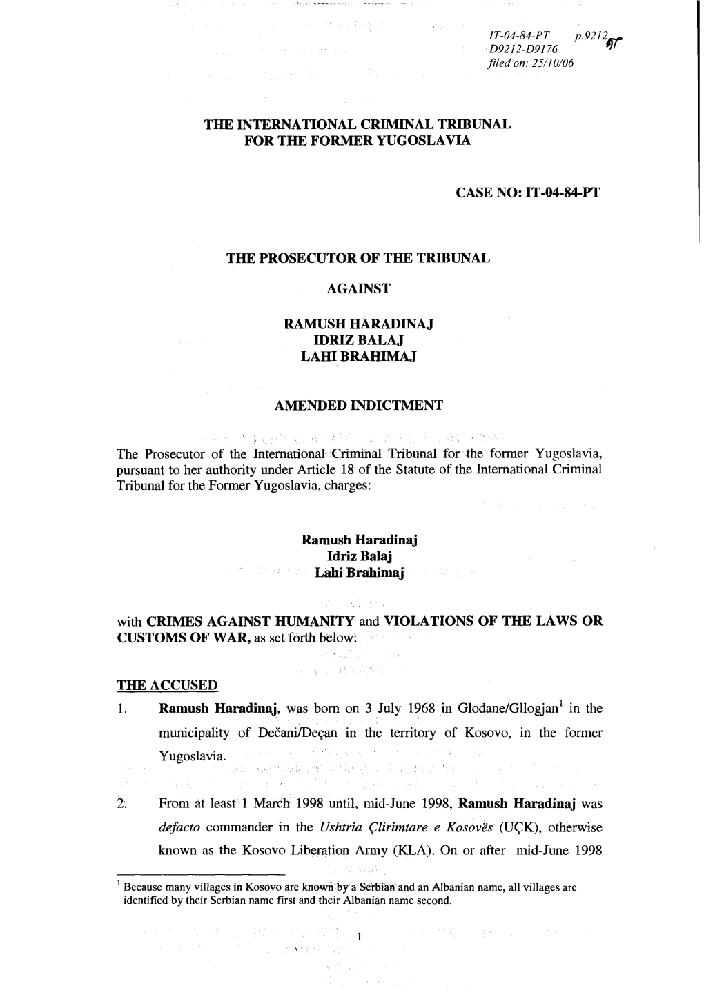 Pros. V. R. Haradinaj Et Al.: Amended Indictment, 25-10-2006