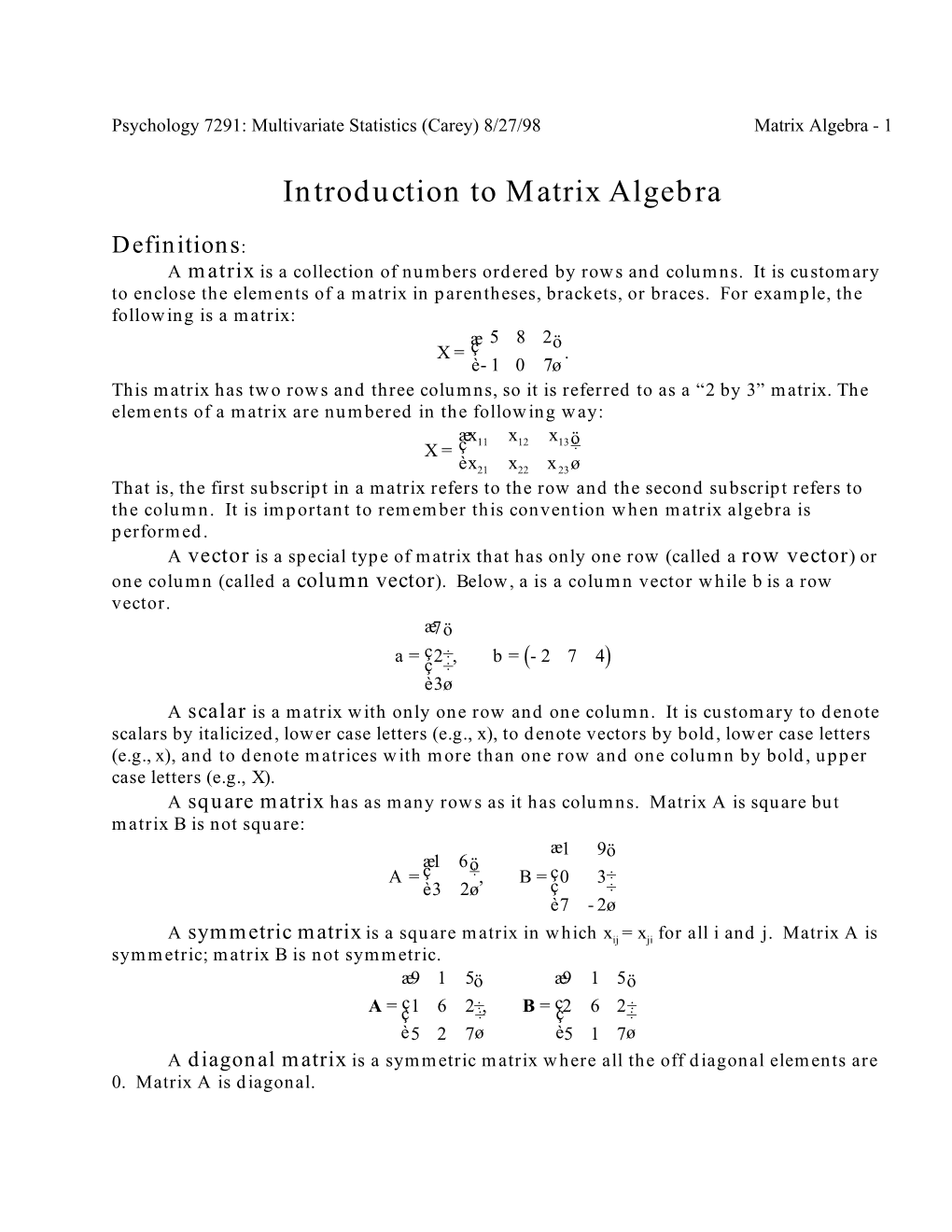 Introduction to Matrix Algebra