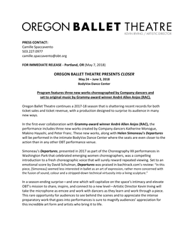 OREGON BALLET THEATRE PRESENTS CLOSER May 24 – June 3, 2018 Bodyvox Dance Center