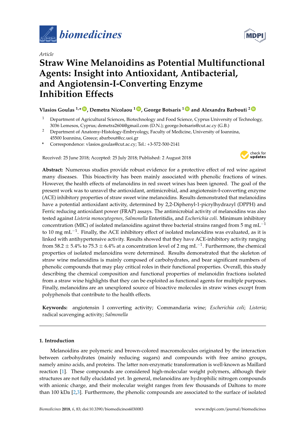 Straw Wine Melanoidins As Potential Multifunctional Agents: Insight Into Antioxidant, Antibacterial, and Angiotensin-I-Converting Enzyme Inhibition Effects