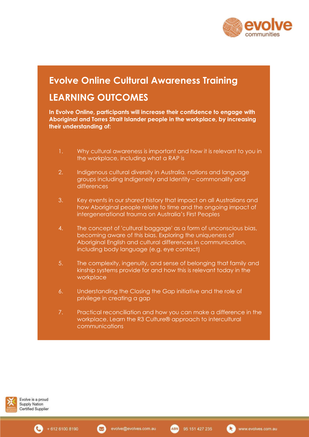 Evolve Online Cultural Awareness Training LEARNING OUTCOMES