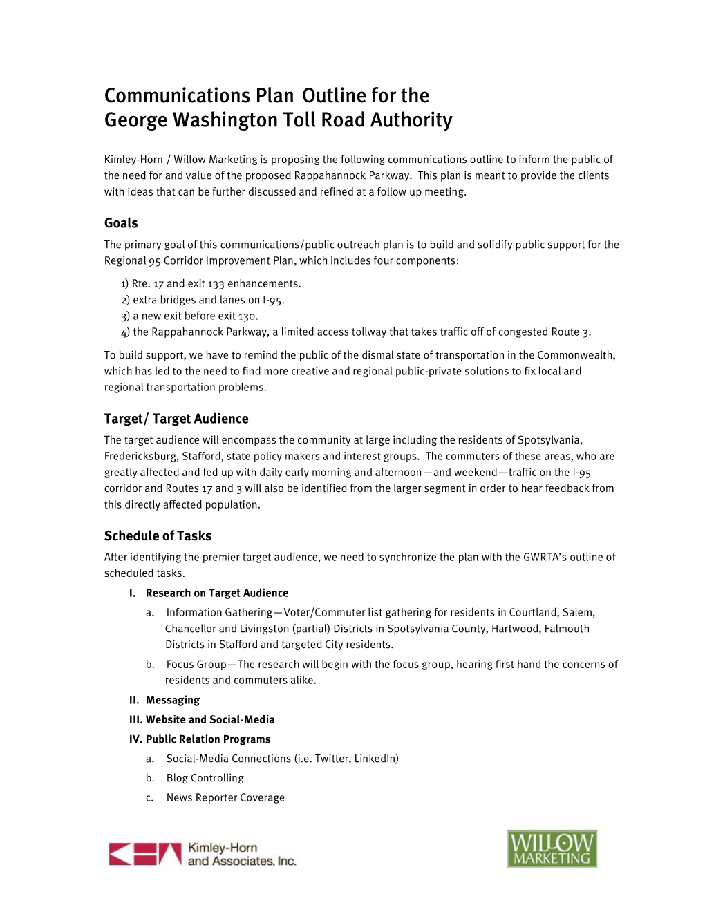 Communications Plan Outline for the George Washington Toll Road Authority