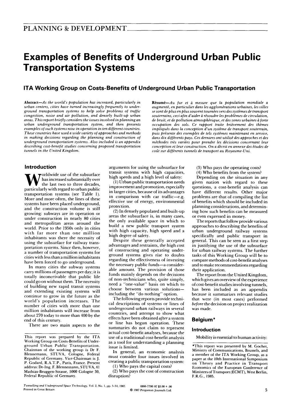 Examples of Benefits of Underground Urban Public Transportation Systems