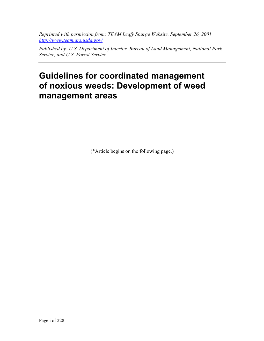 Guidelines for Coordinated Management of Noxious Weeds: Development of Weed Management Areas