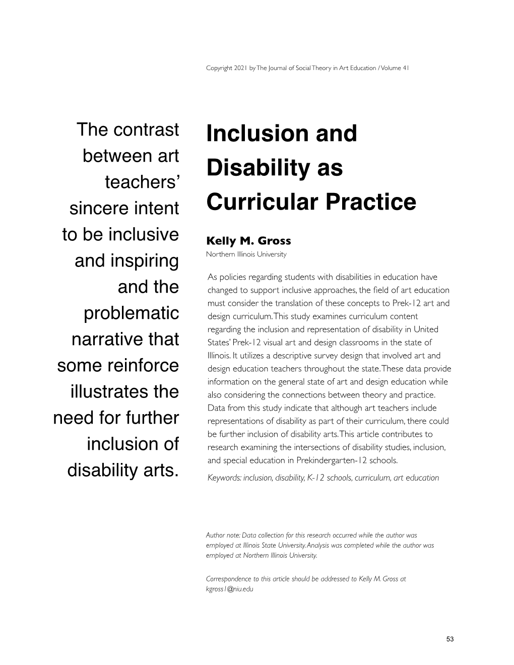 Inclusion and Disability As Curricular Practices the Journal of Social Theory in Art Education / Volume 41 (2021)