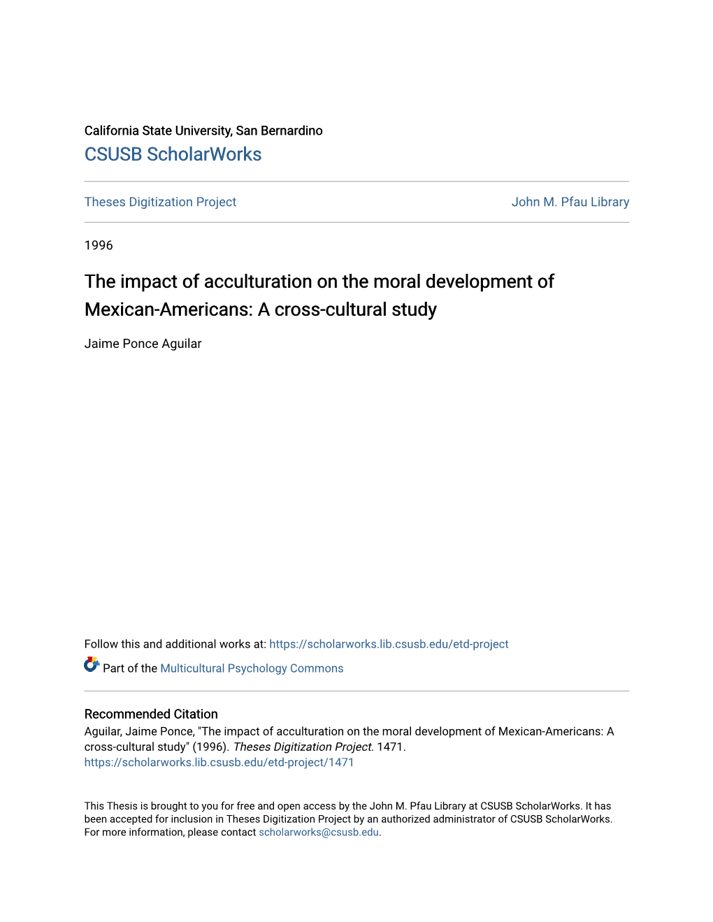 The Impact of Acculturation on the Moral Development of Mexican-Americans: a Cross-Cultural Study