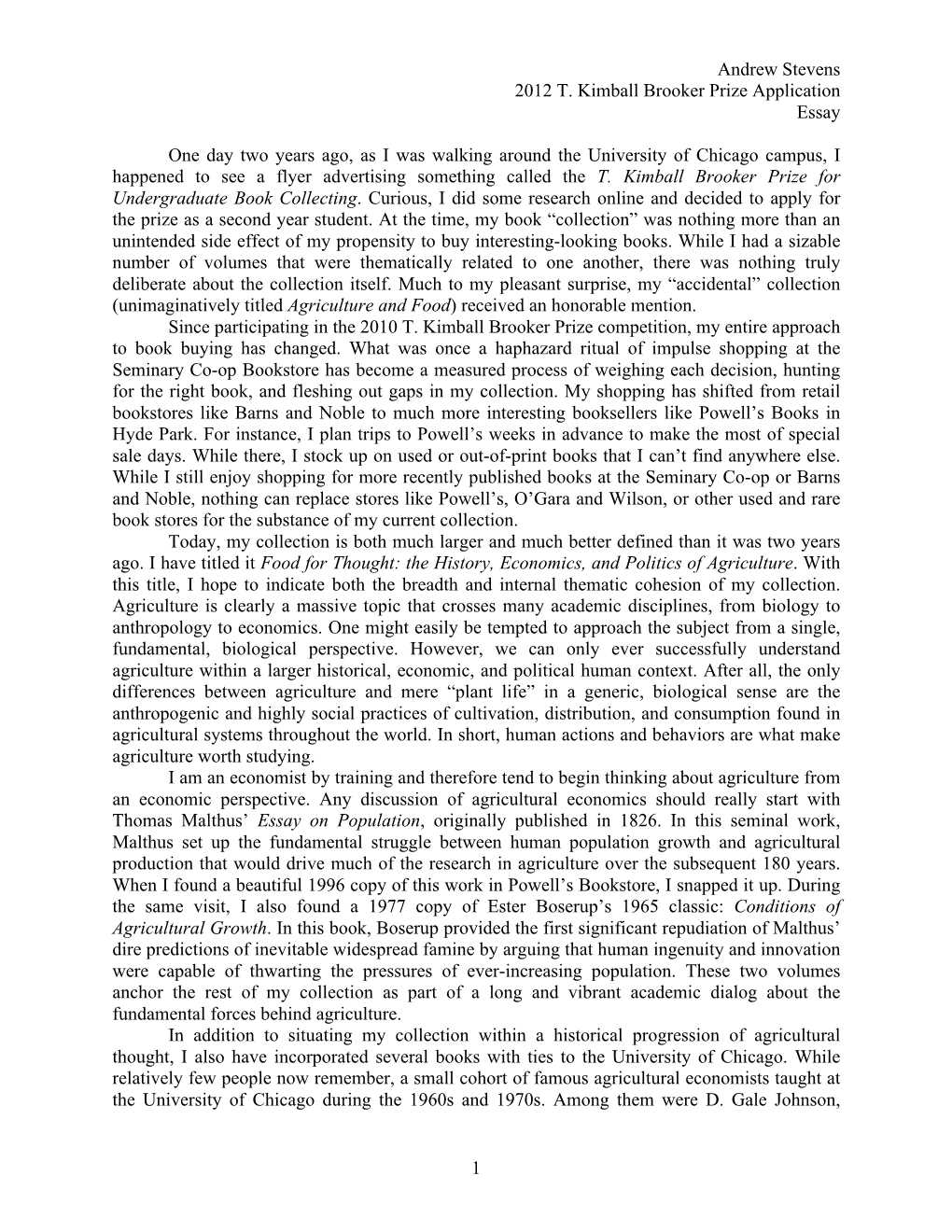 Andrew Stevens 2012 T. Kimball Brooker Prize Application Essay 1