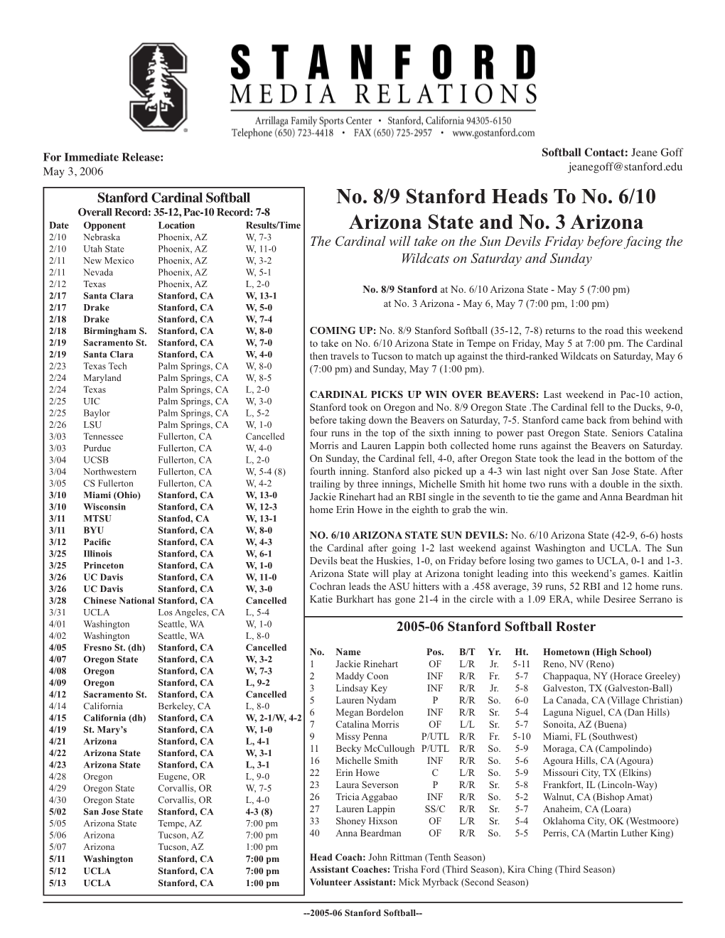 No. 8/9 Stanford Heads to No. 6/10 Arizona State and No. 3 Arizona