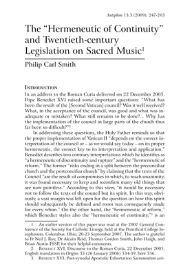 The “Hermeneutic of Continuity” and Twentieth-Century Legislation on Sacred Music Philip Carl Smith