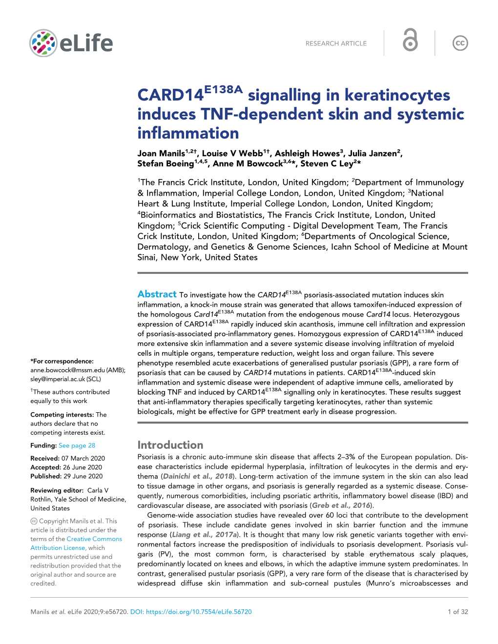 CARD14 Signalling in Keratinocytes Induces TNF-Dependent Skin And