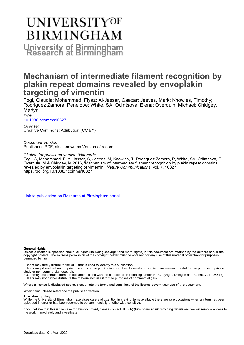 University of Birmingham Mechanism of Intermediate Filament Recognition