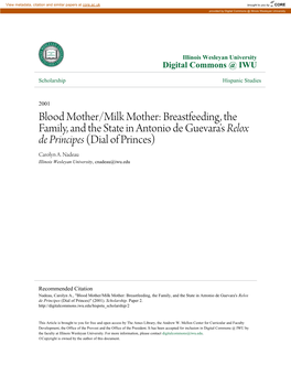 Blood Mother/Milk Mother: Breastfeeding, the Family, and the State in Antonio De Guevara's Relox De Principes (Dial of Princes) Carolyn A